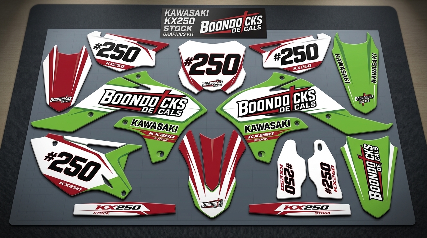 Kawasaki STOCK Graphics Kit 5 Kawasaki decals on bike 202607160956 2 Motocross Graphics Boondocks Decals