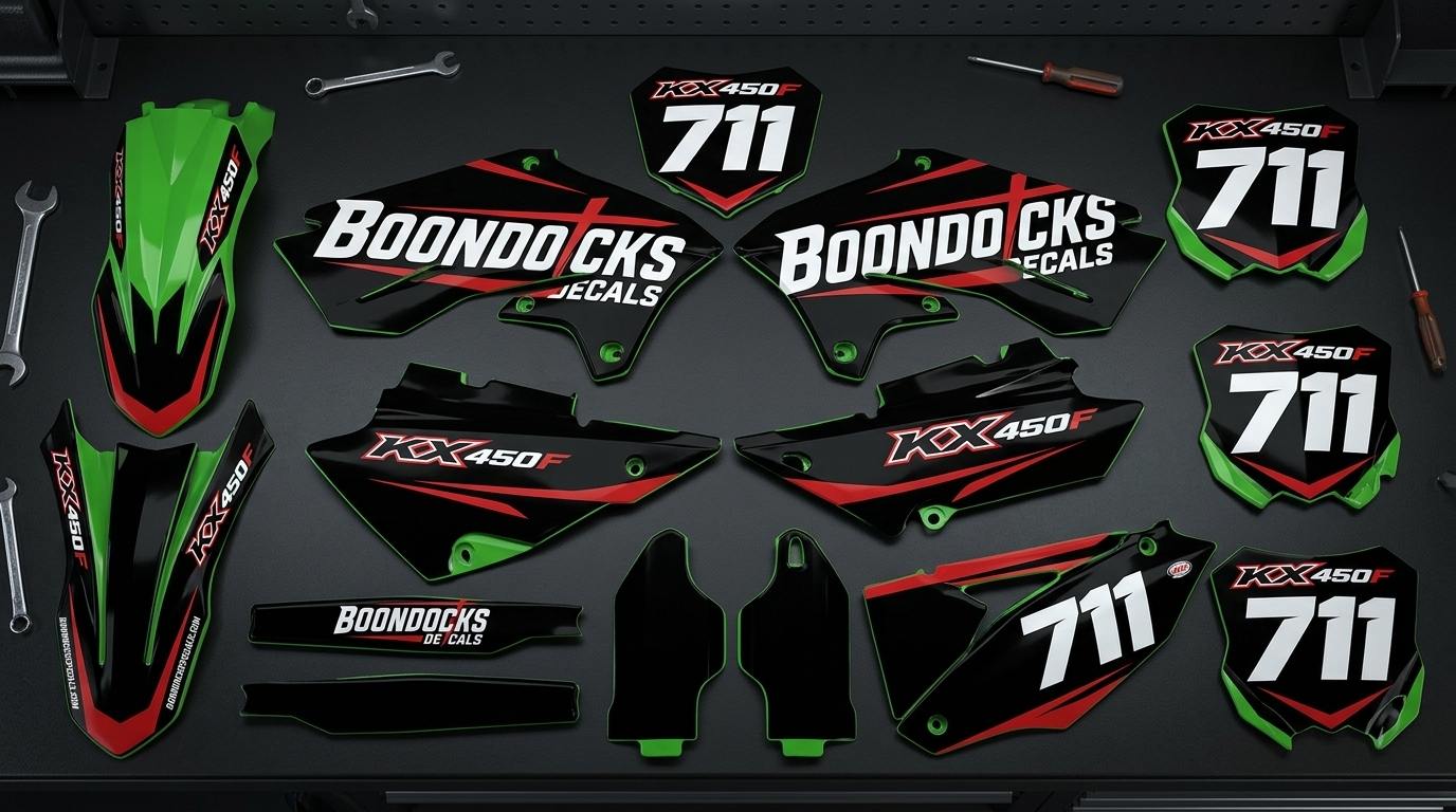 Kawasaki STOCK Graphics Kit 3 Kawasaki decals on bike 202607160956 Motocross Graphics Boondocks Decals