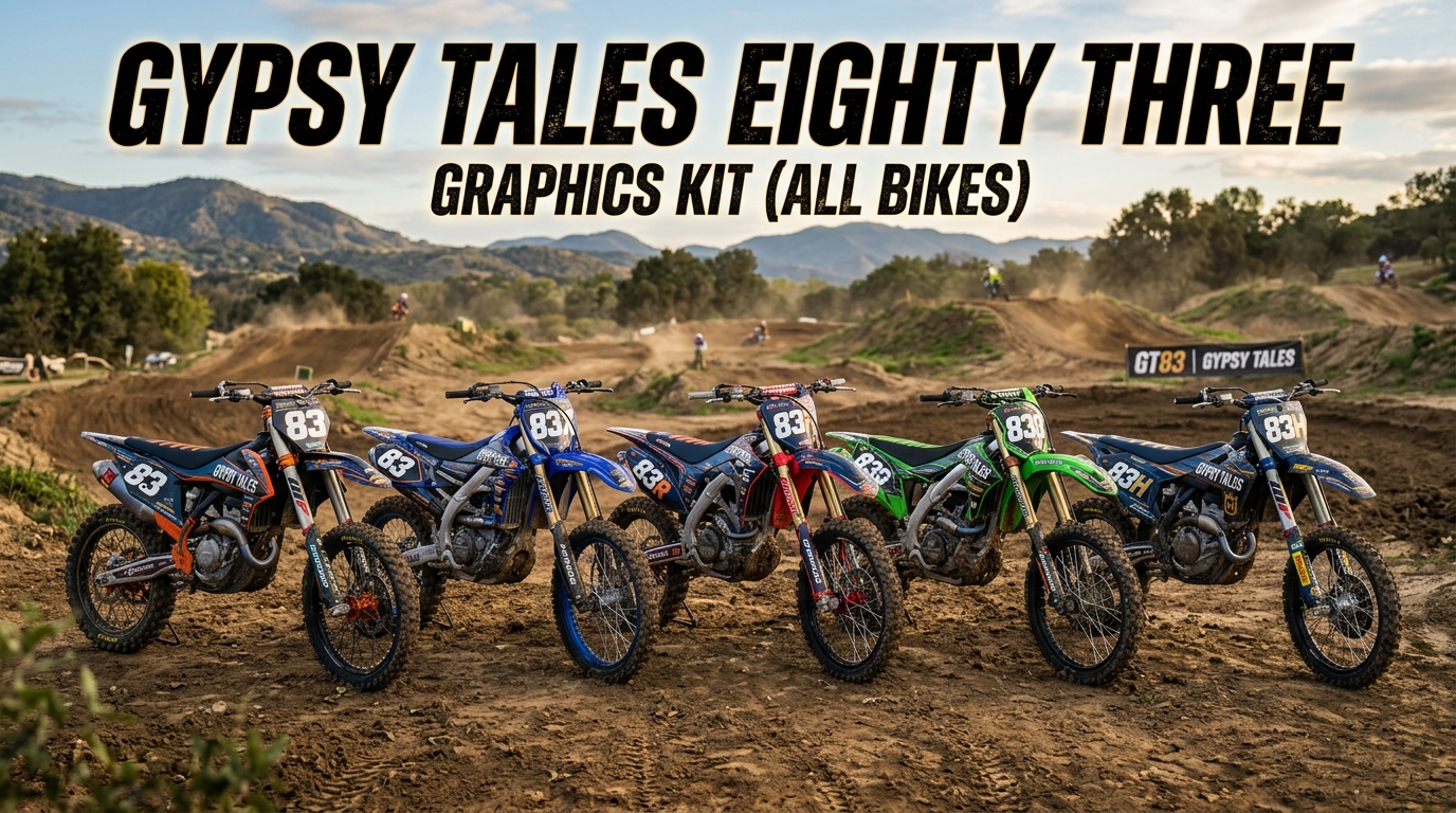1. Bold Motocross-Inspired Appearance The GYPSY TALES EIGHTY THREE Graphics Kit is designed for riders who want a strong visual presence. Its racing-inspired styling can give your dirt bike a more aggressive and professionally customized appearance. 2. Unique Rider Identity Your dirt bike is an extension of your riding style. This design gives you an opportunity to create a recognizable look that separates your motorcycle from ordinary factory setups. 3. Designed for Multiple Bike Styles The All Bikes concept makes the design versatile for riders across different motorcycle brands and models. Whether you're riding a KTM, Yamaha, Honda CRF, Kawasaki KX, Suzuki RMZ, or another dirt bike, the design can be adapted to your specific plastics. 4. Great for Race Numbers A graphics kit becomes even more effective when combined with a clear race number. Add your number to the appropriate plate areas to create a professional motocross racing appearance. 5. Easy Way to Refresh Your Bike Replacing the entire motorcycle isn't necessary to create a new look. Fresh dirt bike graphics can dramatically change the appearance of your existing plastics and make an older bike feel refreshed. 6. Complements Riding Gear The GYPSY TALES EIGHTY THREE design can be coordinated with your jersey, helmet, boots, and other riding equipment. Matching colors and design elements creates a complete rider-and-bike appearance. 7. Professional Customization A well-designed graphics kit can make your motorcycle look more polished and intentional. The coordinated layout helps create a factory-inspired appearance without sacrificing your personal style. 8. Built for Riders Who Want Something Different The biggest advantage is individuality. If you want your bike to stand out from standard factory graphics, the GYPSY TALES EIGHTY THREE Graphics Kit offers a distinctive way to express your personality and riding passion.
