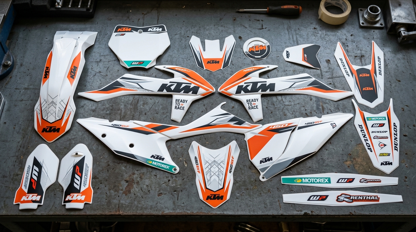 KTM STRUCTURE WHITE Graphics Kit 6 KTM White Graphics Kit Decals 202608171128 Motocross Graphics Boondocks Decals
