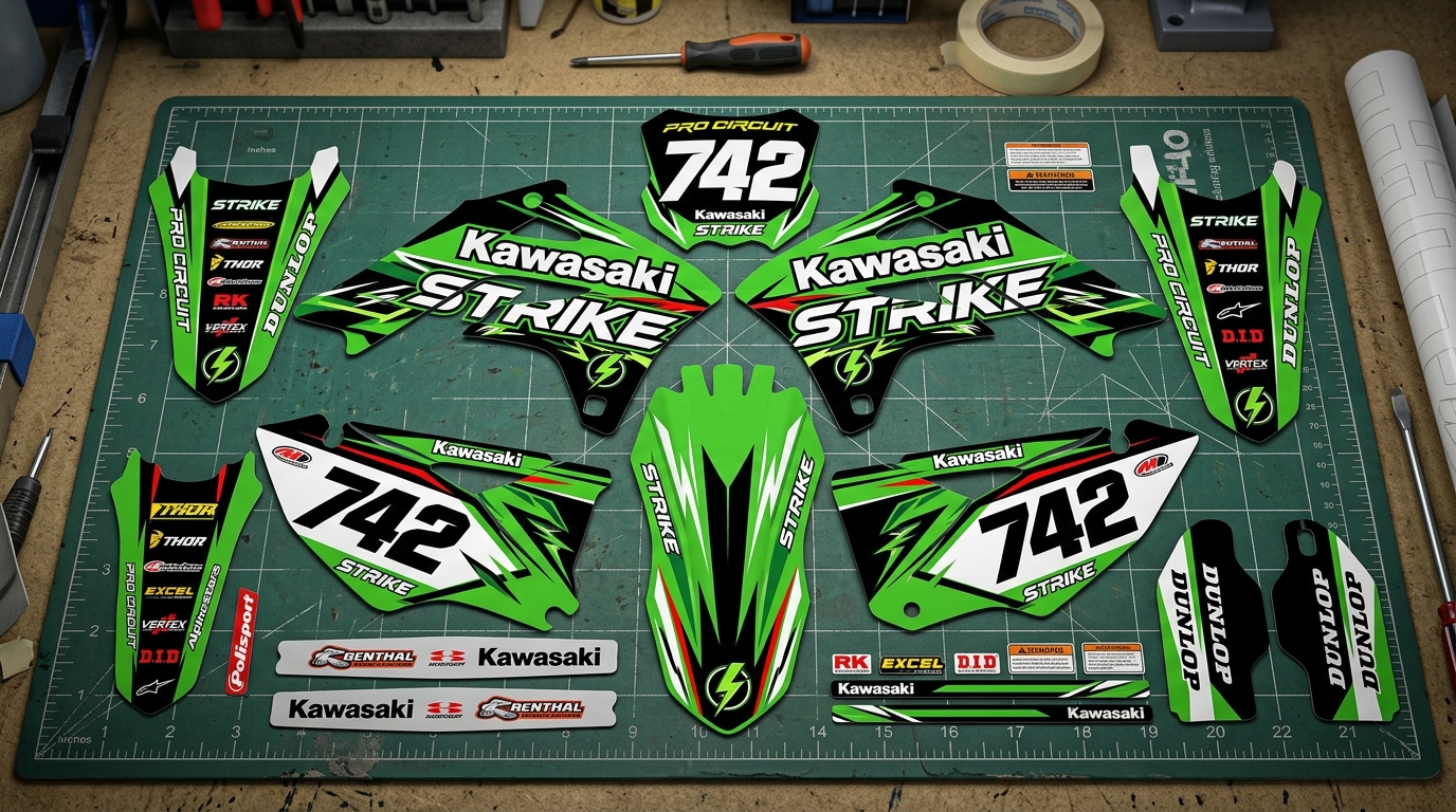 Kawasaki STRIKE Graphics Kit Factory 4 Kawasaki dirt bike graphics kit 202608310940 1 Motocross Graphics Boondocks Decals