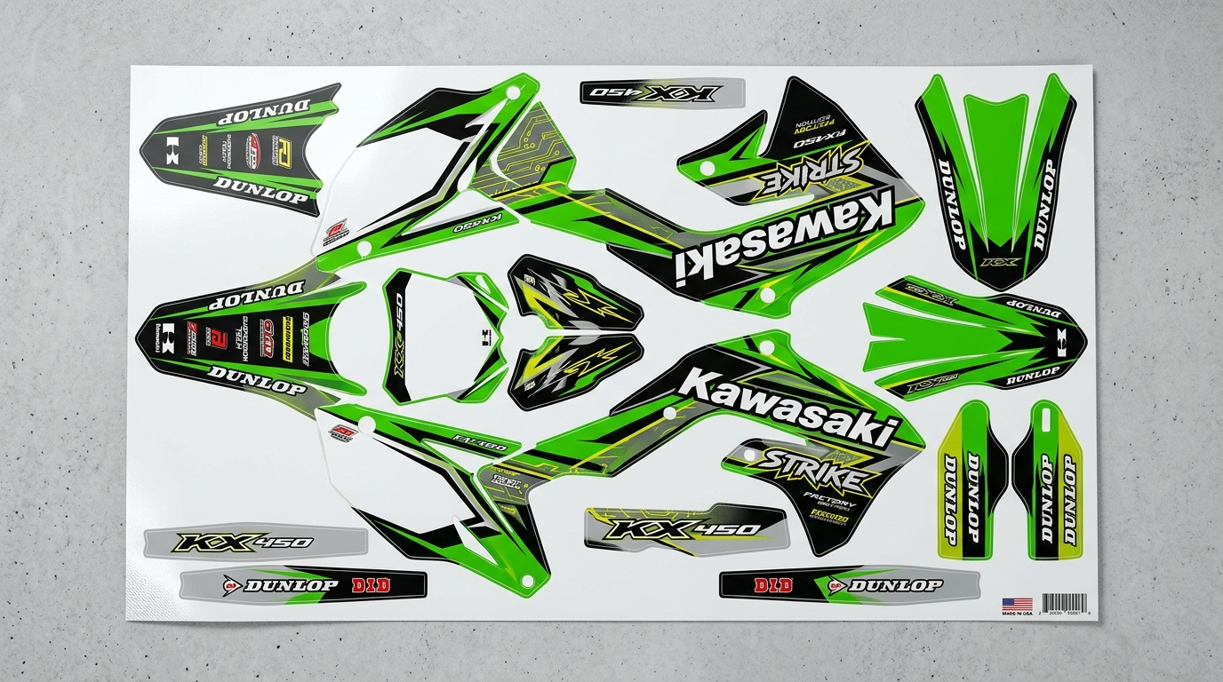 Kawasaki STRIKE Graphics Kit Factory 5 Kawasaki dirt bike graphics kit 202608310940 2 Motocross Graphics Boondocks Decals