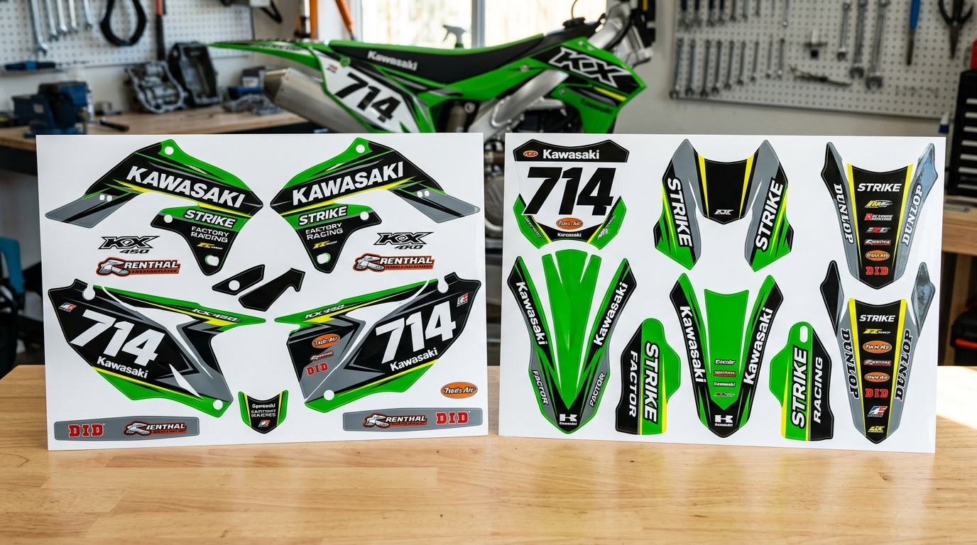 Kawasaki STRIKE Graphics Kit Factory 3 Kawasaki dirt bike graphics kit 202608310940 Motocross Graphics Boondocks Decals