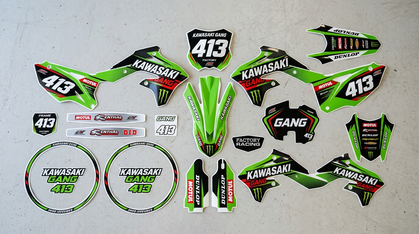 Kawasaki GANG Graphics Kit Factory 5 Kawasaki graphics kit decals 202608310933 Motocross Graphics Boondocks Decals