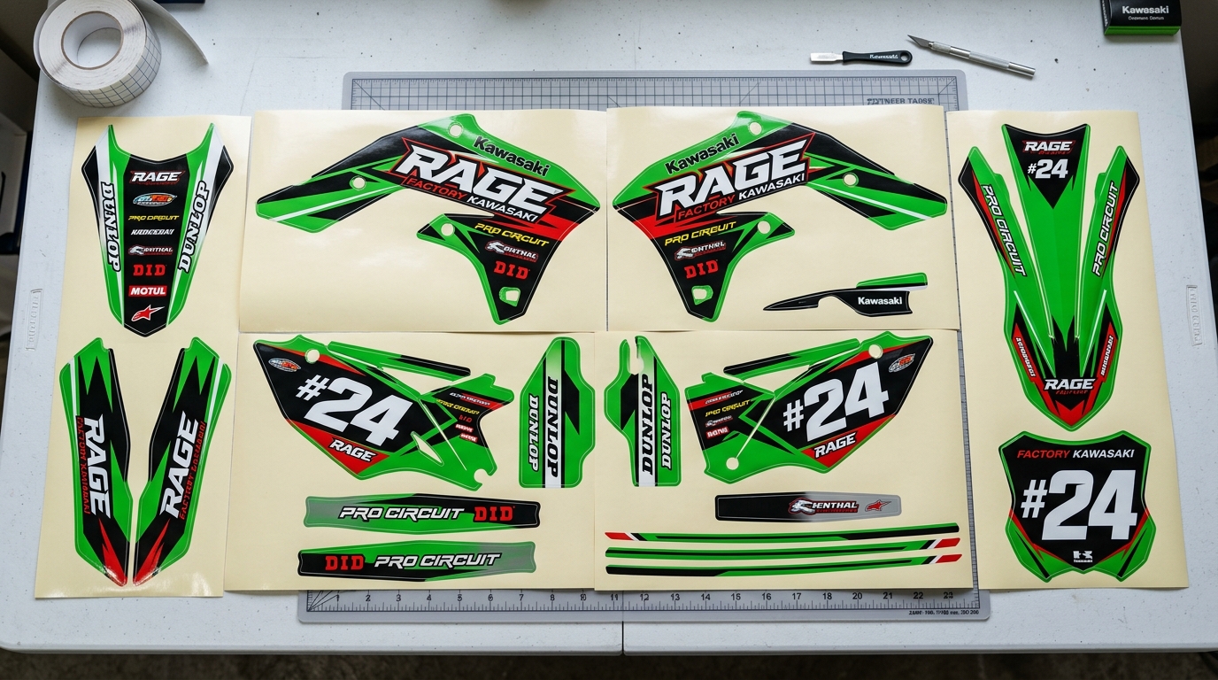 MX Graphics Kit for Kawasaki ‘RAGE’ Factory 6 MX Graphics Kit Decals 202608310928 Motocross Graphics Boondocks Decals
